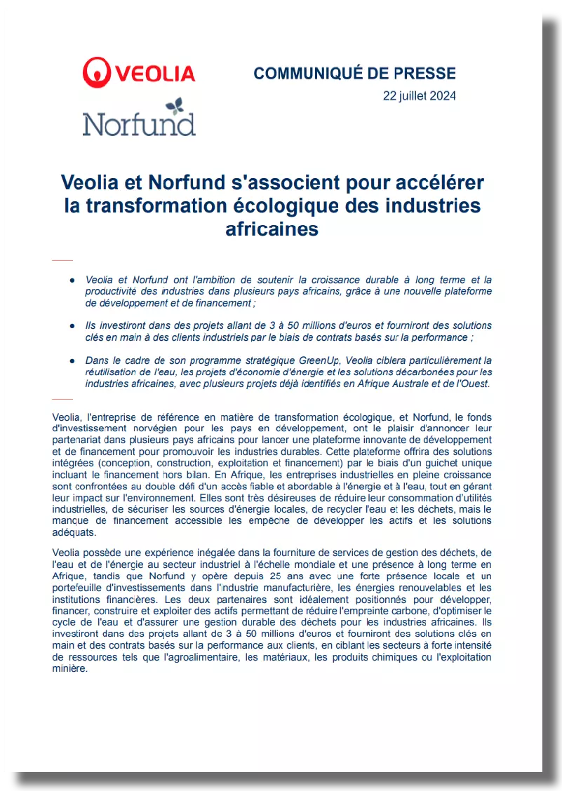 Communiqué de presse Veolia Norfund 