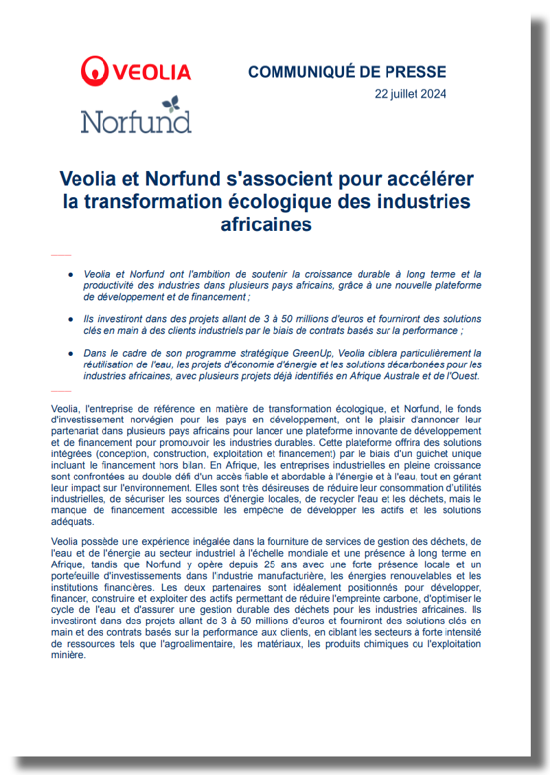 Communiqué de presse Veolia Norfund 